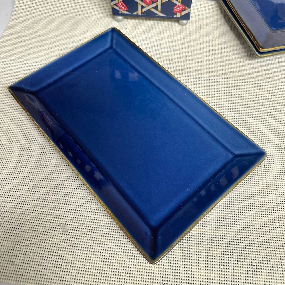 Pottery Barn Asian Square Blue 2 Pc Salad Plates & Rectangular Platter Vntage